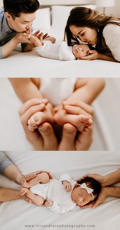 a couple laying on top of a bed next to each other