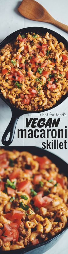 an advertisement for vegan macaroni skillet with tomatoes and onions in it