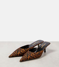 Barbara 55 leopard-print grosgrain mules in brown - Saint Laurent | Mytheresa Brown Pointed Toe Mules For Evening, Luxury Pointed Toe Leopard Print Heels, Luxury Leopard Print Pointed Toe Heels, Mid Heels Pumps, Saint Laurent Shoes, Fashion Deals, High End Fashion, Shoe Box, Pump Shoes