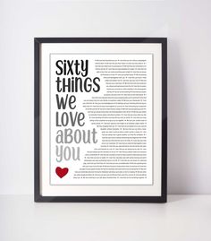 a framed book page with the words sixty things we love about you