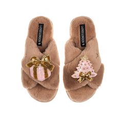 Our faux fur cross strap classic slippers offer the ultimate comfort & style.  Each pair is embellished with a beautiful handmade brooch - our brooches are designed in house in the Uk and bought to life by our skilled artisan team. The brooches can be removed and worn on other items such as clothing.   Our slippers feature non slip Eva soles that offer flexibility & comfort. Ideal for indoor & minimal outdoor use. Wipe Clean Only Pink Gold Christmas Tree, Pink Gold Christmas, Stocking Fillers For Him, Animal Print Party, Christmas Tree Gift, Classic Slippers, Stocking Fillers For Her, Gold Christmas Tree, Christmas Tree With Gifts