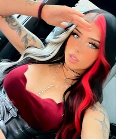 Black And Vivid Hair, Black Hair With Vivid Money Piece, Red Money Peice Black Hair, Cherry Red With Pink Money Piece, Red And Grey Hair, Black Blonde And Red Hair, Red Violet Hair With Money Piece, Baddie Hair Color, Baddie Hair Color Ideas