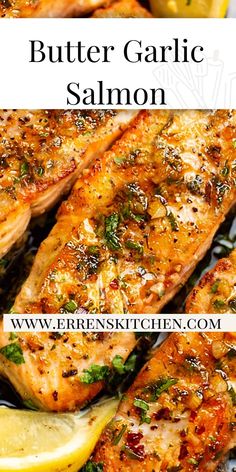 grilled salmon fillets with herbs and lemons on a white plate text overlay reads fabulous butter garlic salmon