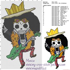 a cross stitch pattern with an image of a skeleton holding a guitar and wearing a mexican sombrero