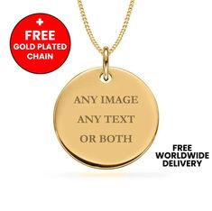 Pendant is hand made in Birminghams' prestigious Jewellery Quarter. Personalised 9ct Gold Disc Pendant. The perfect gift for anyone or yourself on any occasion! Fully engravable on both sides with text, images or both.  Plated in house by us, we provide a very thick plating to ensure durability and quality. Perfect also for remembrance photos, dates and sentimental images and text. DIMENSIONS: 19mm Width/19mm Height/1mm thick (Approx the size of a US Dime) 9ct Gold Filled Construction for Affordability. GF is a method of construction that uses less gold and thus is more affordable. For images/vectors please message us detailed after order is placed. Yellow Gold Jewelry With Engraving Option For Anniversary, Engraved Jewelry For Valentine's Day Commemoration, Gold Jewelry With Engraving Option For Anniversary, Valentine's Day Yellow Gold Round Necklace, Hallmarked Necklaces For Anniversary, 14k Gold Necklaces With Engraving Option For Anniversary Gift, Anniversary Necklace With Round Pendant And Hallmarks, Yellow Gold Necklaces With Engraving Option For Anniversary Gift, 14k Gold Necklace With Engraving Option For Anniversary