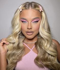 Pink Eye Makeup With Rhinestones, Barbie Hairstyles, Barbie Hairstyle, Barbie Makeup, Barbie Hair, Photoshoot Makeup, Glam Makeup Look, Barbie Style