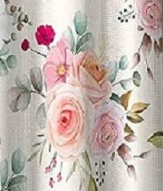 a close up of a curtain with flowers on the outside and pink roses on the inside