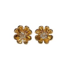 These stunning Four Leaf Clover earrings are crafted out of 14K Gold and feature a prong set eye clean Old Mine Cut Diamond in each earring. These beautiful earrings are sure to bring good luck to whoever wears them! Note: all of the following measurements are approximate Item Details Overall Dimensions: 9.08mm X 9.08mm Diamond: 2.90mm - 3.07mm, (0.20 Carat CTW) Color: L - M, Clarity: SI1 Birthdate Stone: April Weight: 2.0gm Hallmark: None - tested as 14K (backs are marked 14K) Closure: Push Bac Yellow Gold Round Flower Earrings With Prong Setting, Classic Yellow Gold Flower Earrings For Formal Occasions, Classic 14k Gold Flower Earrings For Anniversary, Classic Gold Diamond Flower-shaped Earrings, Classic Yellow Gold Flower Earrings, Classic Yellow Gold Flower Earrings For Pierced Ears, Formal Yellow Gold Flower Earrings With Prong Setting, Classic Pierced Flower Shaped Earrings, Classic Pierced Flower-shaped Earrings