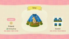 an animal crossing character is wearing a blue and green sweater with a dog on it