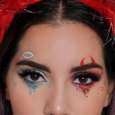 Angel And Devil Makeup, Make Up Fantasi, Ideas Disfraces Halloween, Devil Makeup Halloween, Makeup Quiz, Carnaval Make-up, Pelottava Halloween, Fantasy Make-up, Devil Makeup