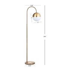 the brass and white floor lamp is shown with measurements for the light bulb on it