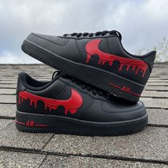 The Black Red Drip Custom Air Force 1 is a style statement that doesn't go unnoticed. Crafted from premium materials, these classic sneakers feature a sleek black and red dripping design that is sure to turn heads. The perfect combination of style and comfort, they're ideal for every day. Exactly as shown in the pictures. 📷 Brand New & Authentic. 💯 Hand Painted with attention to detail. 👨‍🎨 Waterproof and Flexible. ❤️ Unisex model. Please refer to the Size Chart. 👟👫 Free Worldwide Ship Urban Red Custom Sneakers With Red Sole, Urban Red Custom Sneakers For Streetwear, Urban Custom Red Sneakers With Red Sole, Red Urban Custom Sneakers For Streetwear, Custom Black Sneakers With Waterproof Paint And Round Toe, Casual Red Custom Sneakers With Waterproof Paint, Red Fade-resistant Custom Sneakers For Streetwear, Black Waterproof Sneakers For Sports, Waterproof Lace-up Sneakers For Streetwear