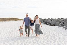 the family is walking on the beach together