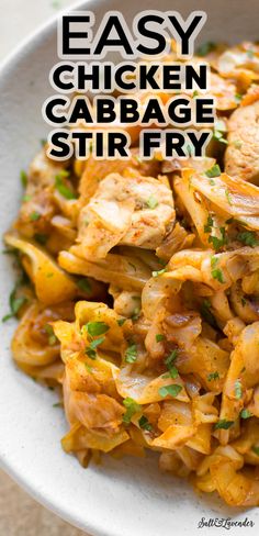 an easy chicken and cabbage stir fry in a white bowl with parsley on top