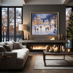 a living room filled with furniture and a fire place in front of a painting on the wall