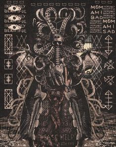 an image of a demonic demon on a black background with other symbols and words around it