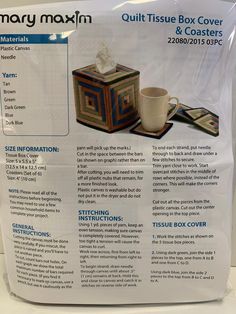 the instructions for making a quilt tissue box cover and coasters are shown in this advertisement