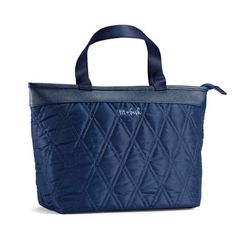 Spacious tote silhouette with full zippered closure + internal water bottle holder. Sophisticated diamond pattern with plush quilted nylon for extra insulating power. Elevated textured vegan leather accents. Luxurious satin nylon carry handle. Elegant Silver hardware details and signature embroidered logo. Easy to clean PEVA liner protects from spills and high quality closed cell foam insulation offers maximum cooling. Kit includes Sandwich container and (2) side containers that are BPA free, di Blue Quilted Nylon Bags, Blue Quilted Bag For On-the-go, Quilted Bag Patterns, Sandwich Container, Closed Cell Foam, Water Bottle Holder, Professional Bag, Foam Insulation, Water Bottle Holders