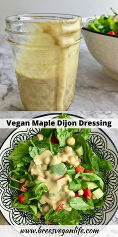 vegan maple dijon dressing in a glass jar next to a salad