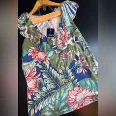 Chaps Tropical Printed Ruffled Blouse Top Size Xl Nwt Smoke Free Home C1 Blue Ruffle Sleeve Tops For Vacation, Green Flutter Sleeve Tops For Vacation, Blue Flutter Sleeve Blouse For The Beach, Ruffled Blouse, Women's Chaps, Tropical Print, Blouse Top, Blue Green, Color Blue