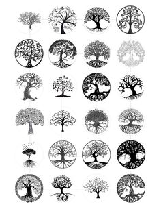 the tree of life is depicted in this black and white drawing, which depicts different types of trees