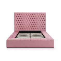 a pink bed with buttons on the headboard and foot board, in front of a white background