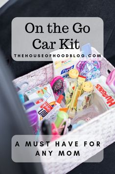 an open suitcase with the words on the go car kit in it and various items inside