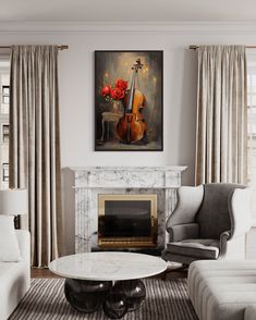 a living room filled with furniture and a fire place in front of a painting on the wall