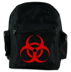 Red Bio-Hazard Radiation Backpack School Bag Cyber Goth Zombie Bio Hazard, Hazard Sign, Alternative Clothing