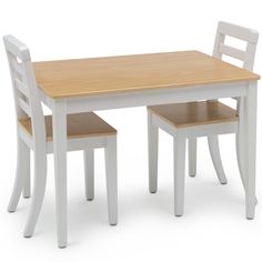 a white and wooden table with two chairs next to each other on a white background