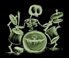 a drawing of a skeleton playing drums