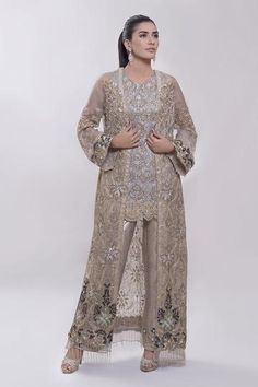 Pakistani Organza Jacket with Pant for Party with Magnificent Look emblazoned with beautiful embroidery. Buy Luxury Party wear online at this store. Latest Pakistani Dress Designs 2020, Net Dresses Pakistani Style, Kebaya With Pants, New Party Wear Dress, Net Dresses, Eastern Wear, Organza Jacket, Dresses Pakistani, Pakistani Party Wear Dresses