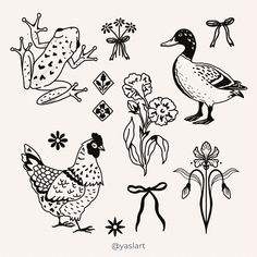 some black and white drawings of birds, flowers, and other things on a white background