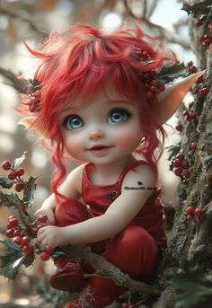 a doll with red hair and blue eyes sitting in a tree