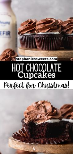 chocolate cupcakes with frosting on top and the words hot chocolate cupcakes perfect for christmas