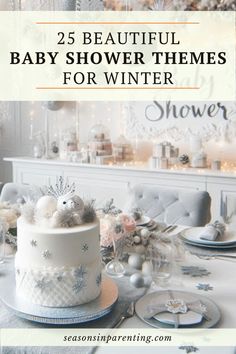 a baby shower theme for winter with snowflakes on the table and decorations around it