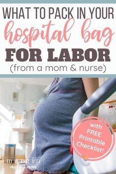 a pregnant woman sitting on the floor with her back to the camera and text overlay that reads, what to pack in your hospital bag for labor from a mom & nurse