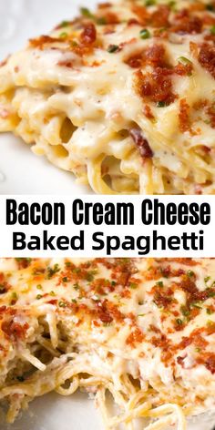 bacon cream cheese baked spaghetti casserole is cut in half on a white plate