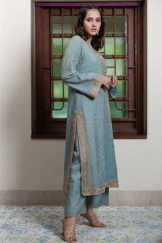 Shop for Maliha by Anar and Anoli Blue Tissue Chanderi Dori Embroidered Kurta And Pant Set for Women Online at Aza Fashions Cotton Silk Straight Kurta With Embroidered Border, Straight Chanderi Kurta With Embroidered Border, Designer Palazzo Set With Embroidered Border, Chanderi Straight Kurta With Embroidered Border, Diwali Embroidered Palazzo Set With Straight Kurta, Navratri Straight Kurta Palazzo Set With Embroidered Border, Navratri Palazzo Set With Embroidered Border And Straight Kurta, Chanderi Set With Embroidered Border And Straight Kurta, Designer Straight Kurta Sets With Embroidered Border