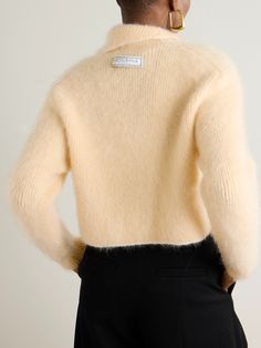 Designer Cream Sweater For Fall, Beige Mohair Sweater, Designer Cream Winter Sweater, Designer Cream Sweater For Winter, Mohair Tops For Fall, Knitted Mohair Tops, Fine Knit Mohair Tops, Yellow Knitwear, Layered Knitwear