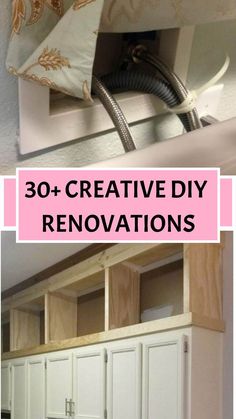 some white cabinets and pillows with the words 30 creative diy renovations