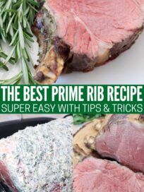 the prime rib roast recipe with garlic herb butter rubs is shown in this image