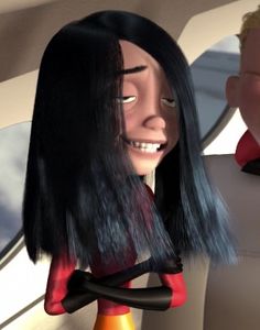 a cartoon character with long black hair sitting in the back seat of a car next to another character