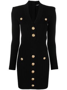 V-neck fine-ribbed dress from Balmain featuring black, V-neck, button fly fastening and long sleeves. | Balmain V-neck fine-ribbed dress Black Dress With Gold Buttons, Balmain Black Dress, Psychobilly Fashion, Balmain Dress, Street Dress, Ribbed Mini Dress, Ribbed Dress, Knitted Bodycon Dress, Form Fitting Dress