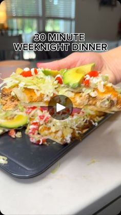 a person holding a plate with food on it and the words 30 minute weeknight dinner