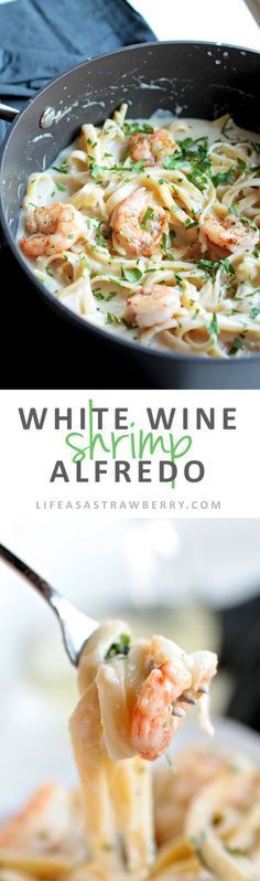 shrimp pasta with white wine alfredo in a skillet