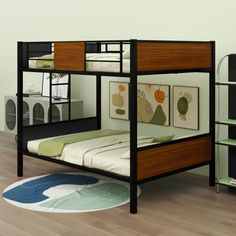 a bunk bed sitting on top of a hard wood floor next to a book shelf