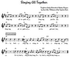 sheet music with the words singing all together