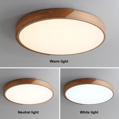 three different views of a circular light fixture with wood trim and white lights on each side