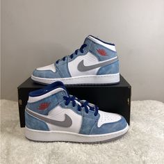 New Air Jordan 1 Mid Se Gs French Blue Size 6.5y = Women 8 Color French Blue, Fire Red White White Leather Upper With Suede Overlays Faded Blue, Light Grey Swoosh, Rubber Outsole Brand New, Never Worn, With Original 100% Authentic Jordan 1 Low Women, Jordan 1 Mid Women, Jordan 12 Black, Jordan 1 Mids, Jordan Cp3, Jordan 1 Blue, Jordan 1 Mid White, Grey Trainers, Air Jordans Women